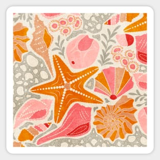 Just Beachy- Seashells Starfish on Sand- Beach Combers Delight- Orange Pink Sticker